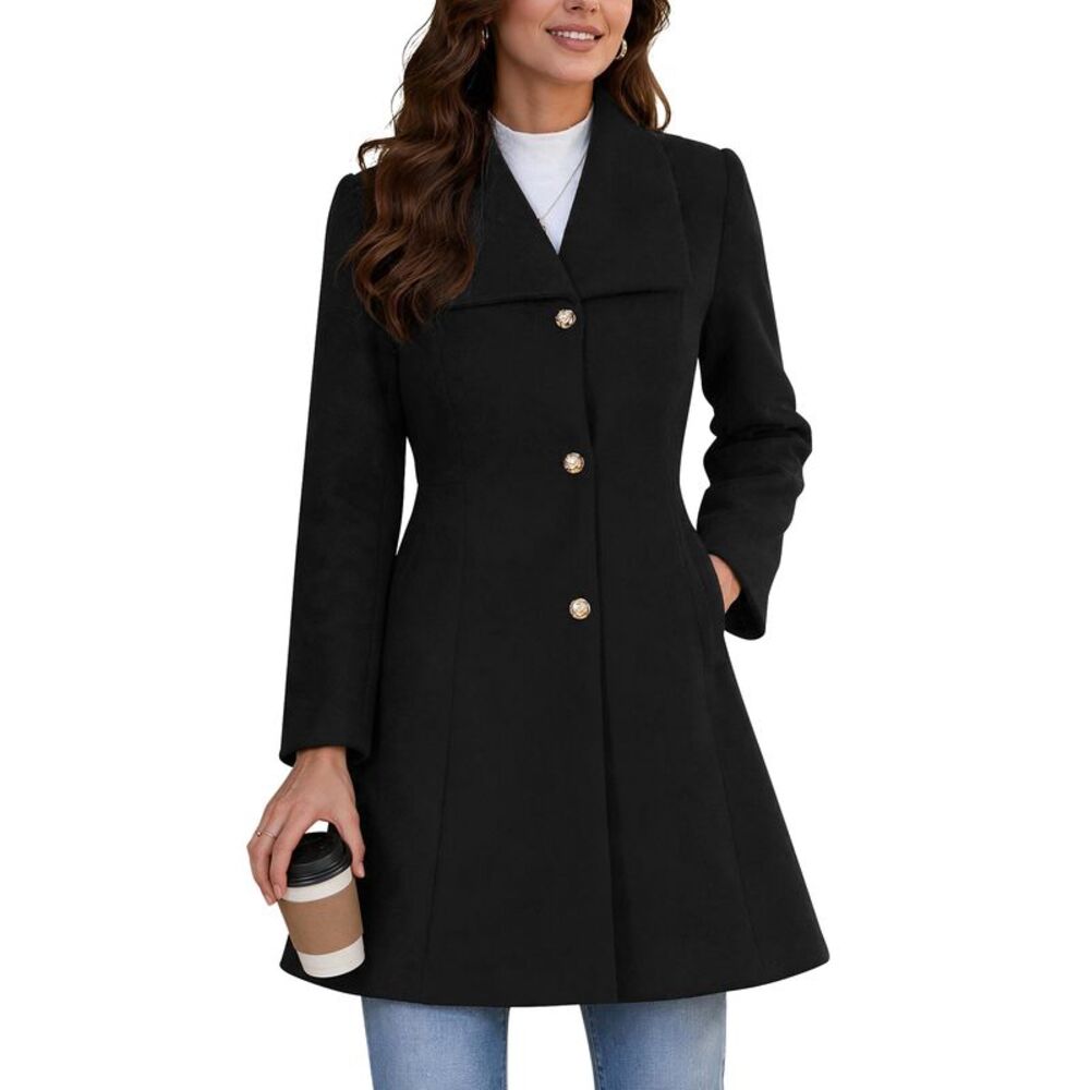 Women's Winter Peacoat Lapel A-Line Work Coats Trench Overcoat Black